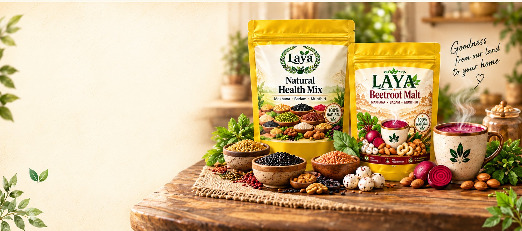 Laya Naturals natural health products: Natural Health Mix and Beetroot Malt pouches with grains, nuts and a warm drink