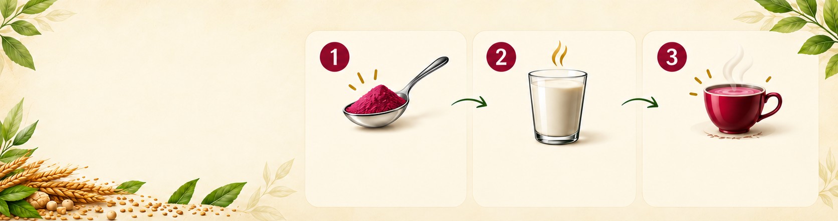 Preparation artwork showing a spoon of blend, hot milk and a finished drink